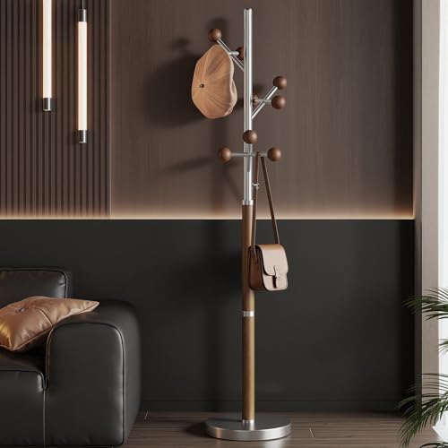 Coat Rack Freestanding Metal Coat Tree with 9 Rubber Wood Hooks | Heavy Duty Standing Coat Rack, Stainless Steel Marble Base, Coat Hanger Stand for Bedroom Entryway Hallway, Hat, Bags - color: B