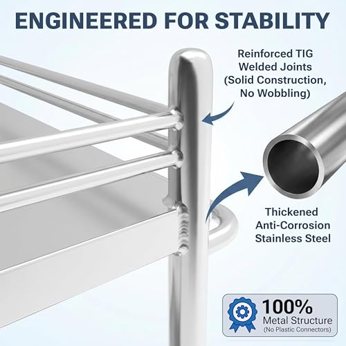 *Improved & Upgraded* Medical Stainless Steel 2 Tier Rolling Cart with Wheels and Drawers | Dental Hospital Nursing Trolley | Easy-to-Disinfect Phlebotomy Mobile Workstation