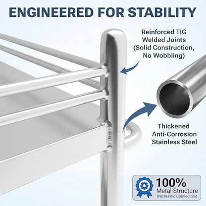 *Improved & Upgraded* Medical Stainless Steel 2 Tier Rolling Cart with Wheels and Drawers | Dental Hospital Nursing Trolley | Easy-to-Disinfect Phlebotomy Mobile Workstation
