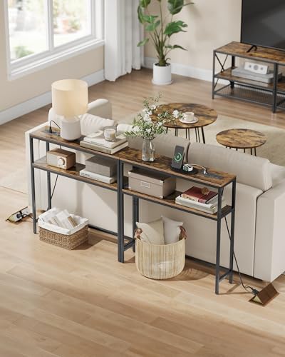 VASAGLE Console Table with Power Outlet, 2-Tier Narrow Sofa Table with 2 Shelves, 7.9 x 31.5 x 31.5 Inches, for Living Room, Hallway, Entryway, Rustic Brown and Ink Black ULNT135K01 - color: Rustic Brown + Ink Black, size: 31.5"W - With Power Outlet
