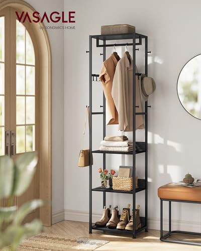 VASAGLE Coat Rack, Freestanding Hall Tree with Shelves, Hanging Rail, and Hooks, Space-Saving Coat Stand, Steel Frame, for Clothing, Bags, Hats, Ink Black and Charcoal Gray URCR061BD03 - color: Ink Black + Charcoal Gray, style: Industrial