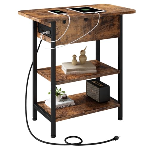 End Table with Charging Station, Flip Top Side Table with Storage, Brown | Equipped with USB Ports and Outlets, Nightstand for Small Spaces, Bedside Tables for Living Room, Bedroom - color: Brown, size: Pack of 1