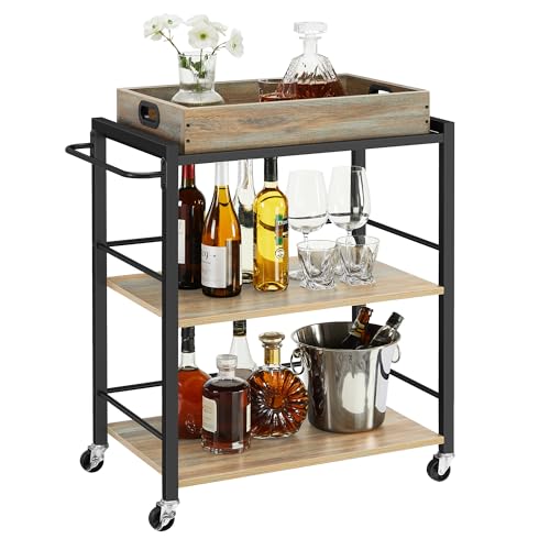 VASAGLE Kitchen Serving Cart with Removable Tray, 3-Tier Kitchen Utility Cart on Wheels with Storage, with Brakes, Leveling Feet, 15.7 x 28.3 x 33.9 Inches, Turquoise Brown and Ink Black ULRC072K60 - color: Turquoise Brown + Black, size: 15.7"D x 28.3"W x