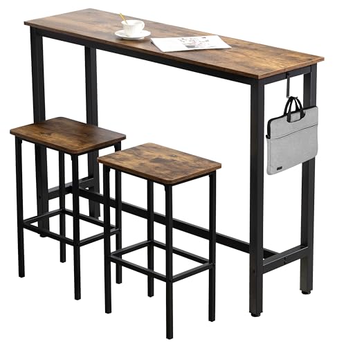 Finnhomy 52.7" Industrial Bar Table Set with 2 Stools - Counter Height Dining & Pub Table for Small Spaces, Kitchen, Apartment, Breakfast Nook - Metal & Wood, Space-Saving Furniture - Rustic Brown - color: Rustic Brown, size: 52.7" Bar Table