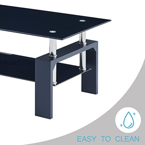 Btrpily Living Room Rectangle Coffee Table, Tea Table Suitable for Waiting Room, Modern Side Coffee Table with Wooden Leg, Glass Tabletop with Lower Shelf, 39.5D x 23.5W x 17.5H in, Black - color: Black