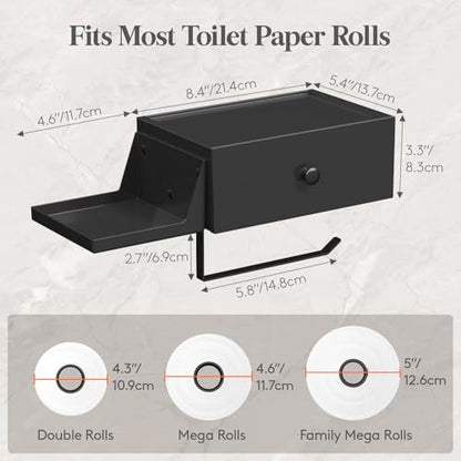Lifewit Plastic Toilet Paper Holder with Shelf and Drawer, Screw or Adhesive Wall Mount Tissue Roll Storage, Sturdy Bathroom Wipes Dispenser Organizer, Black, 1 Pack - color: Black