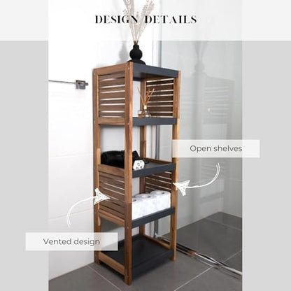 Brown-Gray Small Open-Shelf Storage Unit, 4-Tier, Vented, Freestanding | Space-Saving, Vented Design, MDF/Acacia Material, Compact Freestanding Unit, 4-Tier Open Shelves, Bathroom