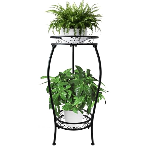 CASIMR 2 Tier Plant Stand Indoor Outdoor, 26.6" Tall Metal Potted Holder Rack Multiple Flower Pot Stand Heavy Duty Plant Shelf Rustproof Iron Plant Round Supports Rack