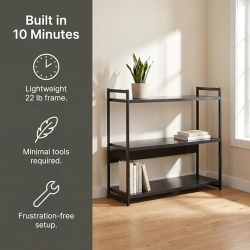 Household Essentials Jamestown Wide 3 Shelf Open Storage Bookshelf Black Oak Wood Grain and Black Metal - color: Black Oak