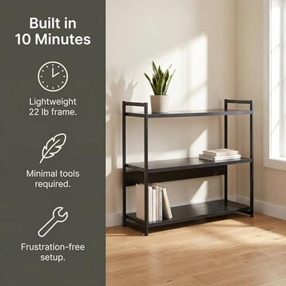 Household Essentials Jamestown Wide 3 Shelf Open Storage Bookshelf Black Oak Wood Grain and Black Metal - color: Black Oak