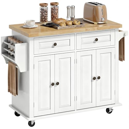 HOMCOM Kitchen Island Cart with Solid Wood Top, 44" Mobile on Wheels White | Kitchen Island Table, Storage Cabinets, 2 Drawers, Adjustable Shelves, Spice Rack, Towel Bar, Dining Room - color: White