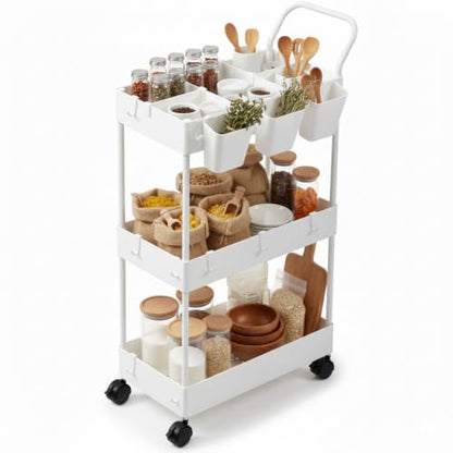 danpinera Storage Cart on Wheels, 3 Tier Slim Laundry with Wheels Bathroom Organizer with Hanging Cups Hooks Dividers Handle Mobile Rolling Art Cart for Bathroom Kitchen Narrow Places, White - style: 3 Tier White