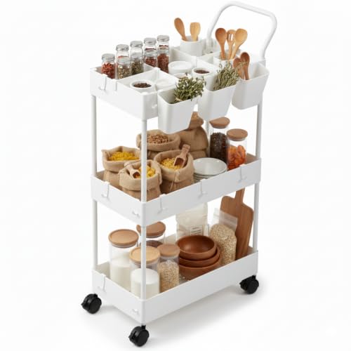 danpinera Storage Cart on Wheels, 3 Tier Slim Laundry with Wheels Bathroom Organizer with Hanging Cups Hooks Dividers Handle Mobile Rolling Art Cart for Bathroom Kitchen Narrow Places, White - style: 3 Tier White
