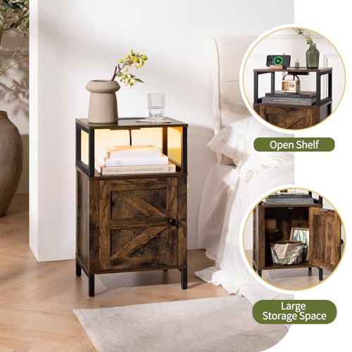 Yoobure Farmhouse NightStand with Charging Station，Wood Night Stand End Table with USB Ports, LED Bed Side Table with Storage Cabinet，Bedside Table for Bedroom, Living Room Rustic Brown - color: Rustic Brown