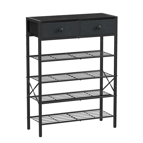 Shoe Rack for Entryway, 5 Tier Shoe Organizer with 2 Non-Woven Drawers, Metal Storage Shoe Shelf for 16-20 Pairs of Shoes, with Wooden Top and Steel Frame, Shoe Stand for Closet Black Grey - color: Black Grey, size: 5-Tier
