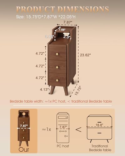 Narrow Nightstand with Drawers, 7.9" Solid Wood Nightstand with Open Shelf & Cable Hole, Modern Night Stand Slim Bedside Table for Small Spaces, Bedroom, Study - color: Walnut, size: 15.7"D x 7.9"W x 23.6"H