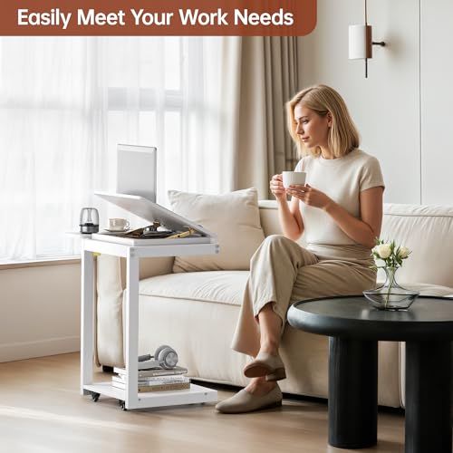 OtterOasis C Shaped End Table for Couch Rolling Side with Wheels White | Wood, Desk Tv Tables, with Folding Desktop, Lockable Wheel, with Hidden Storage, for Living Room, Bedroom - color: White