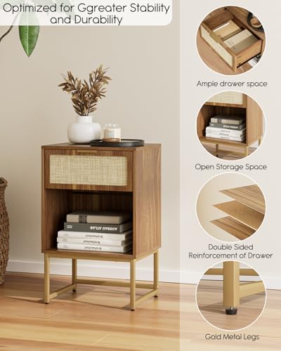 Masupu Rattan Nightstand,Modern Night Stand Boho Farmhouse Wood Bedside Table with Storage Drawer Side End Table for Bedroom, Office,Walnut Brown - color: Rattan-walnut Brown
