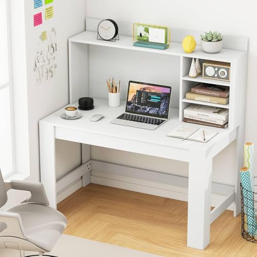 Tangkula 48“ Computer Desk with Hutch, Home Office Writing Study Desk with Storage Shelves, Cable Management Hole, Laptop Desk, Desk for Bedroom, Computer Workstation (White) - color: White
