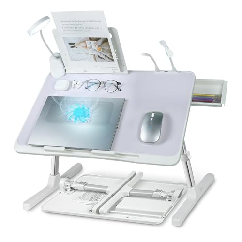 iXTRA Laptop Lap Desk with Cooling Fan - Adjustable with Light, USB, Storage Drawer - Folding Bed Desk,23.62"*15.74",Grey - color: Grey,60*40cm