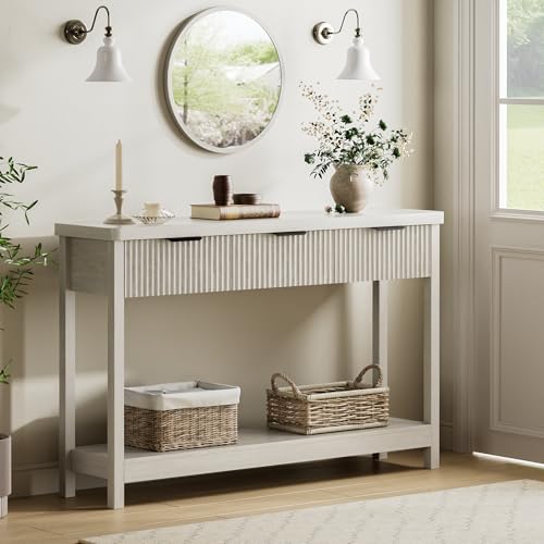Fluted Console Table, 51 Inch Entryway Table with 3 Drawers | Scandi farmhouse look with quiet full-extension slides, open lower shelf, profile for hallway, entry, foyer or behind sofa. - color: Grey White