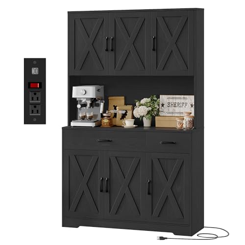 HOSTACK 71" Pantry Cabinet with Charging Station, Tall Kitchen Pantry Storage Cabinet with Microwave Stand, Farmhouse Kitchen Hutch with Storage Drawers for Living Room, Dining Room, Black Wood Grain - color: Black Wood Grain