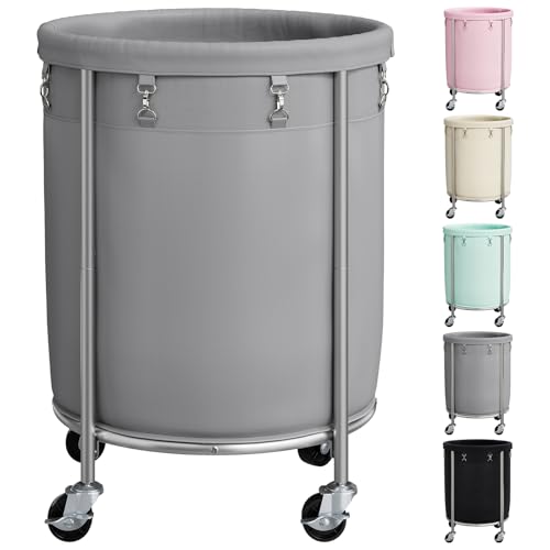 ELYKEN Laundry Basket with Wheels, Round Rolling Laundry Hamper, Gray | 190L, Removable Liner Bag, Heavy-Duty Metal Frame, Locking Casters, Dirty Clothes Hamper for Hotel, Home, Closet, Dorm - color: Gray, size: 190L