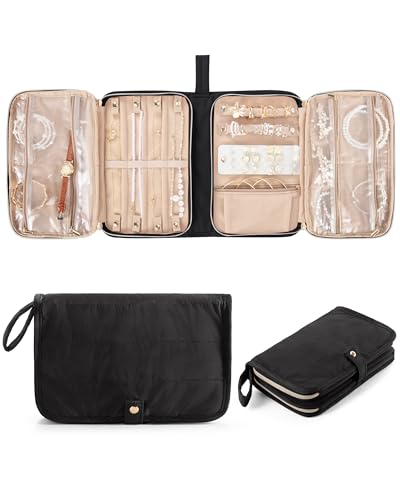 Marscamd Travel Jewelry Case Organizer, Foldable Jewelry Bag, Black | with Zipper Jewelry Bag for Earrings, Rings, Necklaces, Bracelets, Brooches - color: Black