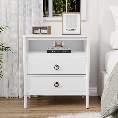 Nightstand, Mid Century Modern Night Stand with 2 Drawers and Open Shelf, Beside Table with Distressed Ring Handle for Bedroom,End Table (1, White) - color: White