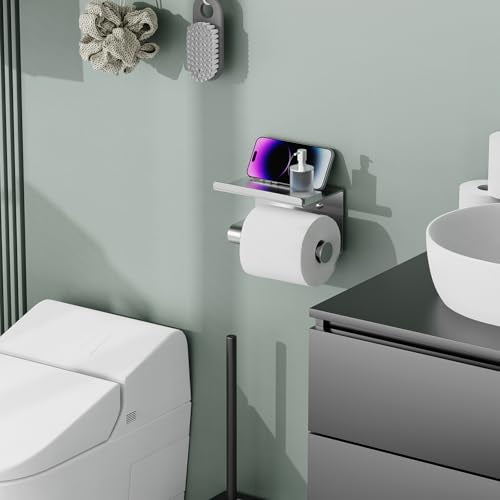 Bntuk Toilet Paper Holder with Shelf, Self-Adhesive or Screw Wall Mount Toilet Paper Holder with Wipes Storage, Rustproof Stainless Steel Tissue Roll Holder for Bathroom Washroom (Brushed Nickel) - color: Silver