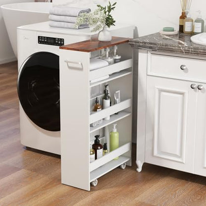 LOKO 4-Tier Rolling Storage Cart, 8 Inches Slim Kitchen Cart on Wheels with Open Shelves & Handle, Laundry Room Cart Between Washer and Dryer, for Bathroom Next to Fridge (White & Rustic Brown) - color: White & Rustic Brown