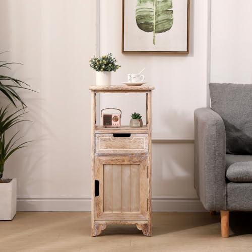 Fully Assembled 30in Height Nightstand, Pre- Assembled Bathroom Floor Cabinet with Shelf and Storage Drawer, Tall End Table No Assembly Chest for Living Room Bedroom-Distressed White - color: Distressed White