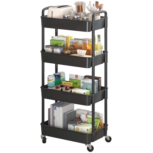 Sywhitta 4-Tier Plastic Rolling Utility Cart with Handle, Multi-Functional Storage Trolley for Office, Living Room, Kitchen, Movable Storage Organizer with Wheels, Black - color: Black, size: 4-tier