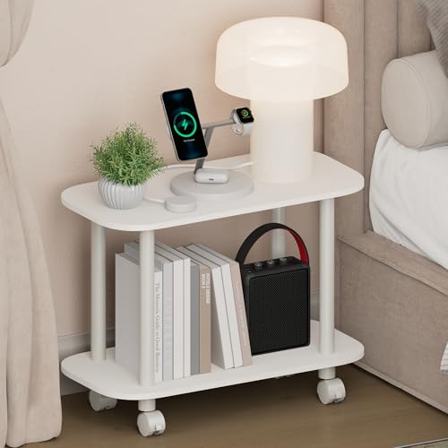 Furinno Turn-N-Tube Night Stand, 2-Tier Oval Nightstand with Wheels, Round Corner Side Table, End Table with Open Shelf, Toolless Assembly, for Living Room, Bedroom, White - color: White/White, size: 2-Tier, with Casters