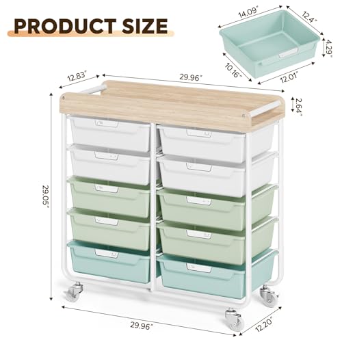 10-Drawer Rolling Cart, Art Cart with Wood Top & Side Handle, Multi-Purpose Craft Organizers and Storage with Lockable Wheels for Classroom, Dormitory, Craft Room and Art Supplies Organization(Green)