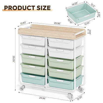 10-Drawer Rolling Cart, Art Cart with Wood Top & Side Handle, Multi-Purpose Craft Organizers and Storage with Lockable Wheels for Classroom, Dormitory, Craft Room and Art Supplies Organization(Green)