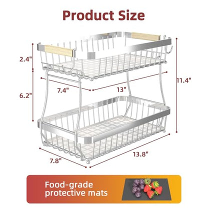 Sevenblue 2-Tier Fruit Basket with Banana Hangers, Detachable Metal Bowl | Wooden handle, protective mats included. Versatile holder for bread, snacks, and veggies. Large 2 tier metal design. - color: Silver, size: 2 Tier