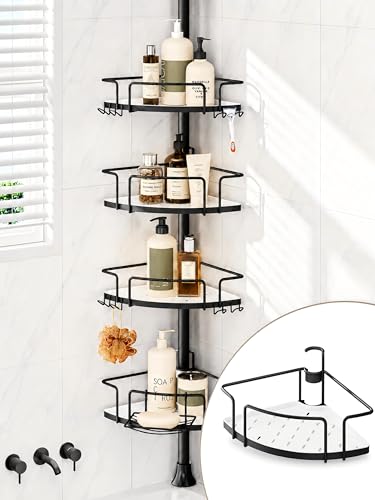 ALLZONE Corner Shower Caddy Tension Pole, 4 Hang-On Basket with Mixed-Height Shelves for Various Bottle Sizes, Extra Hooks & Soap Holder, Rustproof Stainless Steel, Fits 34–116 Inch, Black/White - color: Black/White