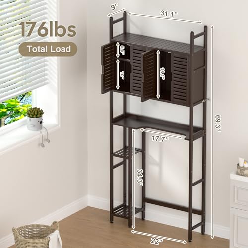Cozivolife Over The Toilet Storage: Space Saver Bathroom Organizer Shelf | Bamboo Freestanding Storage Cabinet Over Toilet with Paper Holder Stand - No-Drill Installation and Waterproof Feet Pad