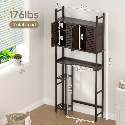 Cozivolife Over The Toilet Storage: Space Saver Bathroom Organizer Shelf | Bamboo Freestanding Storage Cabinet Over Toilet with Paper Holder Stand - No-Drill Installation and Waterproof Feet Pad