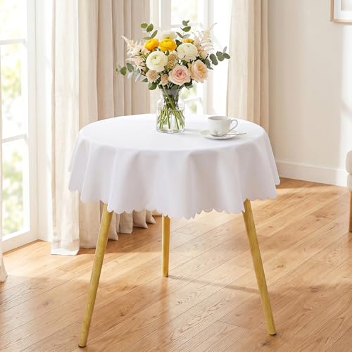 36 inch Round Tablecloth, Small White Scalloped Fabric Table Cloth for Round Table, Washable Wrinkle Dust Resistant Circle Table Cover for Nightstand End Small Coffee Dining Tables Party Decor - color: White, size: 36" (Round)