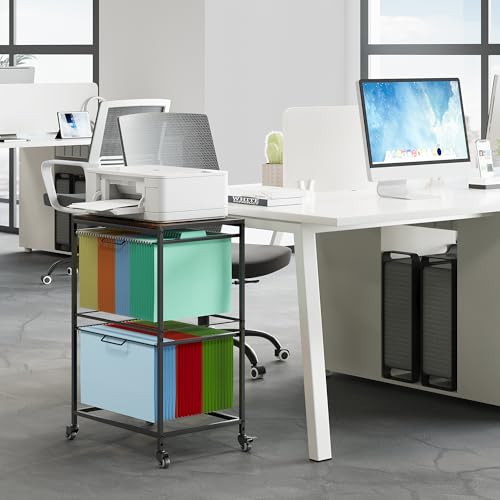 EasyPAG Rolling Hanging File Folder Cart, 2 Tier Metal Pull-Out File Rack for Letter and Legal Size Folders, Portable Filing Cart for Office Home, Black