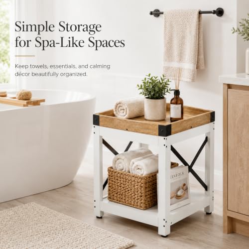 Farmhouse Square Side Table,2-Tier End Table with Storage Shelf | Modern Sofa Couch Table Bedside Nightstand With X-Frame for Living Room Bedroom Office Small spaces,White+Oak - color: White+oak, style: Farmhouse
