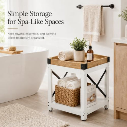 Farmhouse Square Side Table,2-Tier End Table with Storage Shelf | Modern Sofa Couch Table Bedside Nightstand With X-Frame for Living Room Bedroom Office Small spaces,White+Oak - color: White+oak, style: Farmhouse