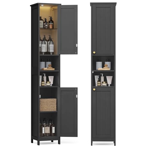 VASAGLE Tall Storage Cabinet with Lights, Slim Freestanding Cabinet with Adjustable Shelves, for Small Spaces, Bathroom, Living Room, Modern, 11.8 Inches Wide, Ink Black UBBK566BC01S - color: Ink Black, size: 11.8"D x 11.8"W x 66.9"H, style: with Lights
