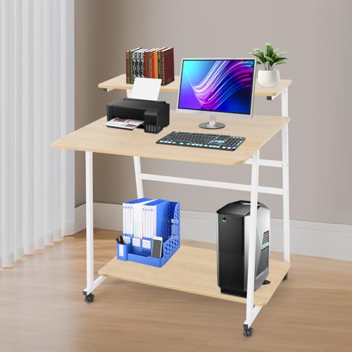 3 Tiers Rolling Computer Desk, 31.5 Inch Home Office Desk with 4 Wheels & 4 Foot Pads, Mobile Small Computer Desk, Student Study Table for Small Space Bedroom (White+Log Color) - color: White+log Color