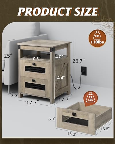 WLIVE Nightstand with Charging Station, Farmhouse End Table, Bed Side Table with 2 Storage Drawers and Open Shelf, Wood Rustic Nightstands for Bedroom, Greige - color: Greige, style: Farmhouse