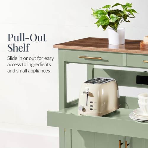 Best Choice Products 36in Large Rolling Kitchen Island Cart, 2-Door Cabinet, 2 Drawers, Pull-Out Shelf, Power Outlet, Hooks, & Swivel Lockable Wheels - Pistachio Green - style: Pistachio Green