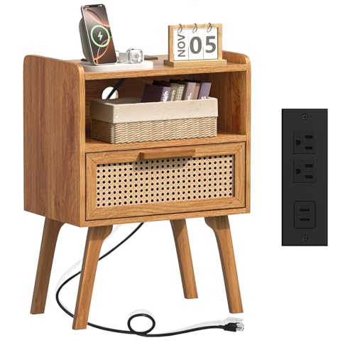 Lerliuo Rattan Nightstand with Charging Station, Side Table with Drawer, Cane Accent Bedside End Table with Solid Wood Legs, Night Stand for Bedroom, Dorm and Small Spaces (Tea Brown) - color: Tea Brown, size: 1 pack