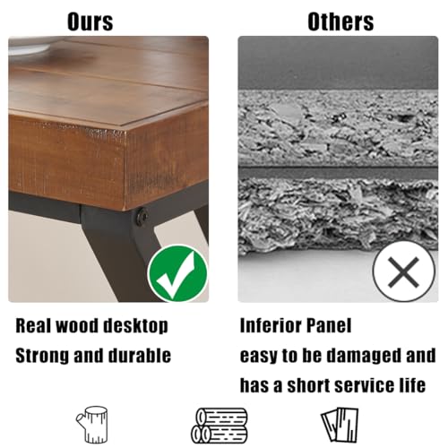 Real Wood Computer Desk, Modern Natural Wood Home Office Desk, Rustic Solid Wood Work Study Writing Desk, Farmhouse Workstation PC Gaming Executive Table for Bedroom, Brown, 47 inch - size: 47 inch